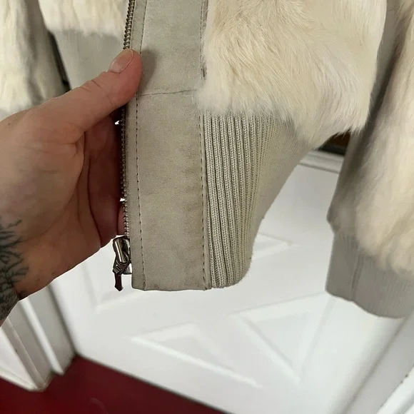 Mixit Vintage sz L cream/ taupe Y2K Real Rabbit Fur & Leather Bomber Jacket - Picture 10 of 15
